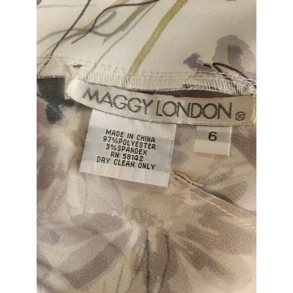 Maggy London Floral Dress Sheen Purple White Ruched Waist Sz 6 - Picture 6 of 9